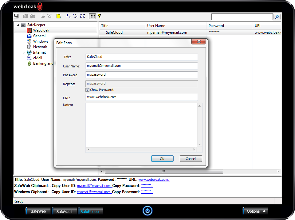 Webcloak SafeKeeper Edit Entry