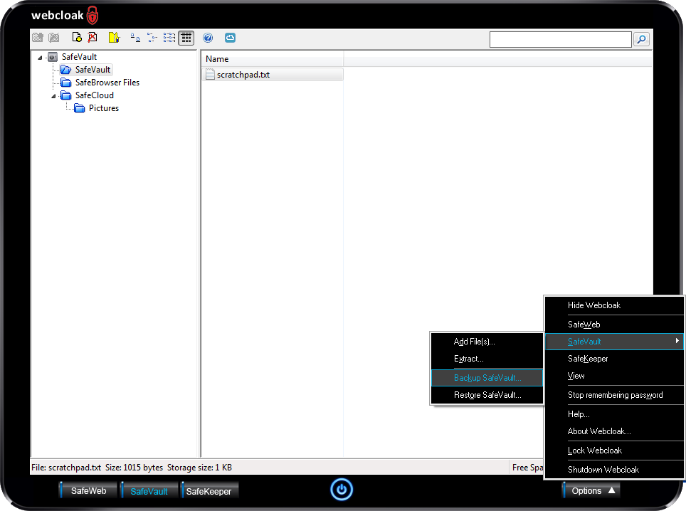Webcloak SafeVault Options